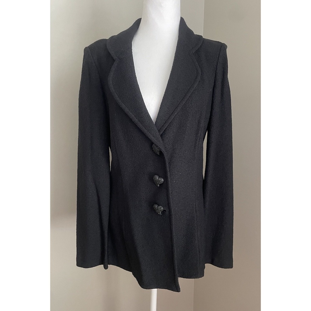 ST. JOHN 10 Black Blazer‎ Knit Heart Button Fitted Jacket Shimmer Thread Evening